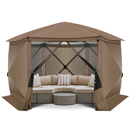 COBIZI 12'x12' Pop-up Gazebo Outdoor Camping Tent with 6 Sides Mosquito Netting, Waterproof, UV Resistant, Portable Screen House Room, Easy Set-up Party Tent with Carry bag, Ground Spike, Brown
