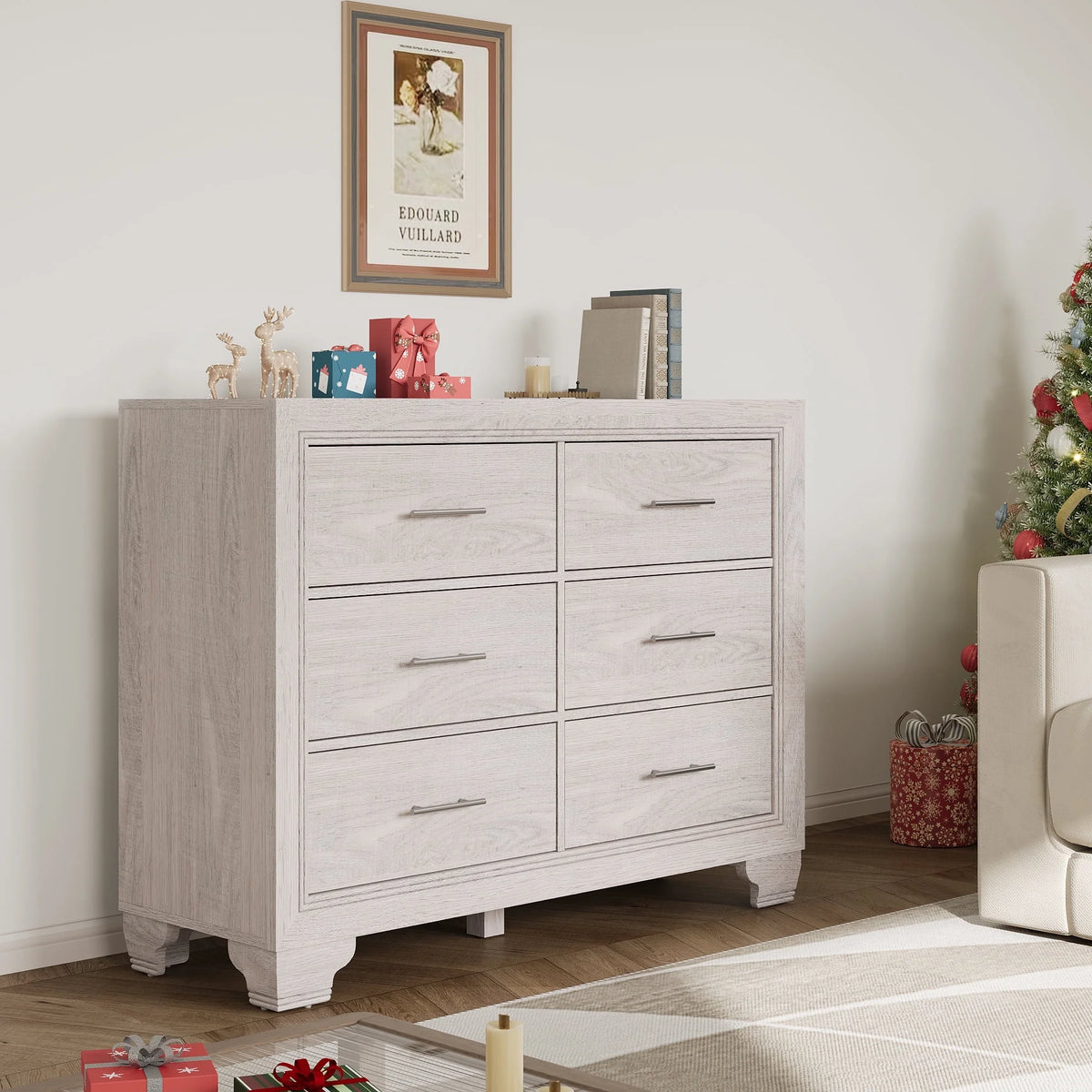 Homhougo White Dresser for Bedroom 6 Drawer, Wood Organizer Storage Cabinet with Gray Strip Drawer Door, Chest of Drawers for Closet, Living Room, Hallway, Nursery, Kids Bedroom