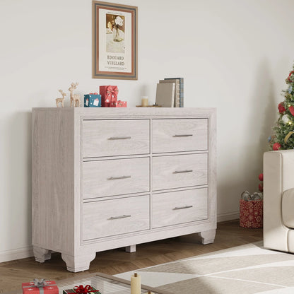 Homhougo White Dresser for Bedroom 6 Drawer, Wood Organizer Storage Cabinet with Gray Strip Drawer Door, Chest of Drawers for Closet, Living Room, Hallway, Nursery, Kids Bedroom