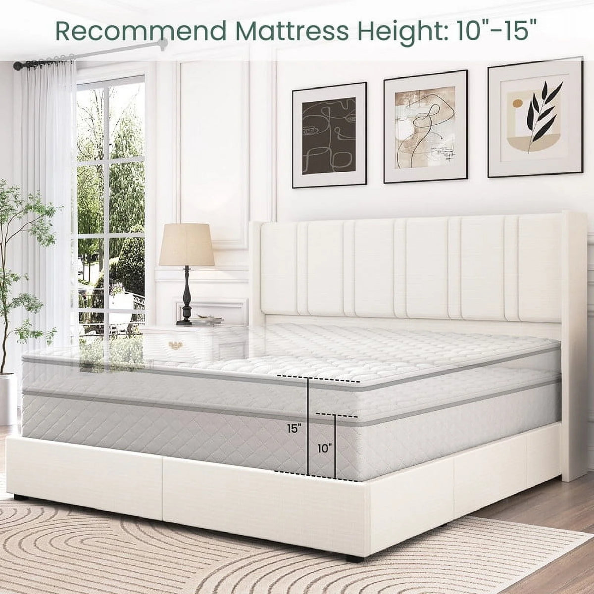 LARMACE King Size Upholstered Bed Frame with 4 Storage Drawers and Vertical Channel Tufted Headboard Linen Platform Bed Frame Wingback Beds with Wooden Slats Support, Beige