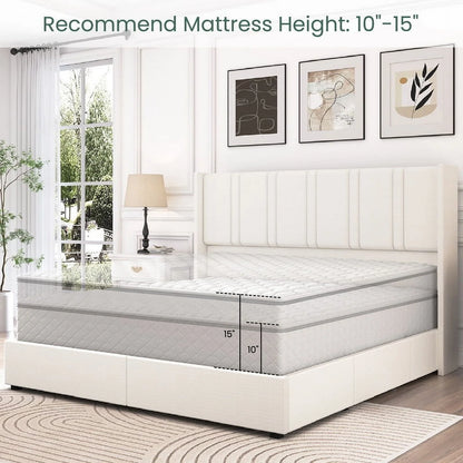 LARMACE King Size Upholstered Bed Frame with 4 Storage Drawers and Vertical Channel Tufted Headboard Linen Platform Bed Frame Wingback Beds with Wooden Slats Support, Beige