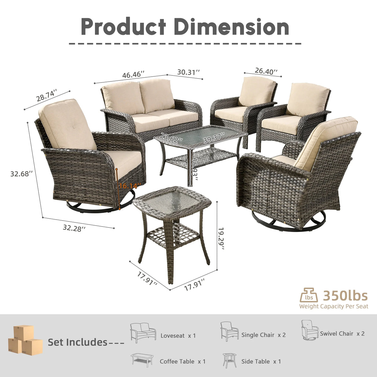 Ovios 5 Pieces Outdoor Patio Furniture Set High Back All Weather Wicker Conversation Set with Swivel Chairs & Coffee Table, Dark Gray
