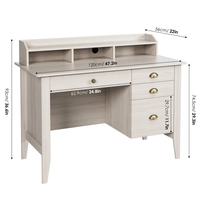 Homfa 47 in Computer Desk, Home Office Writing Table with 4 Drawers and Hutch Shelf, Sturdy Desk with Spacious Desktop, Oak White Finish