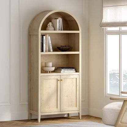 EYYTHUNG 71" Tall Arched Cabinet Modern Farmhouse 5-Tier Arched Bookcase Storage Display Cabinet with Faux Marble Top, Natural Oak