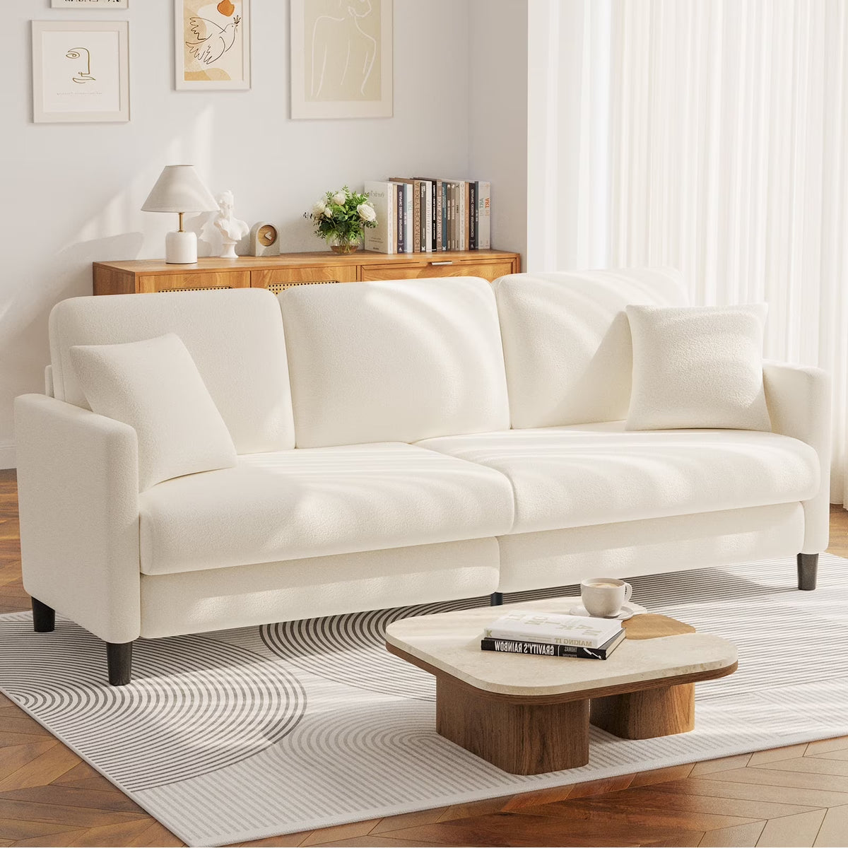 83" Comfortable Upholstered Sofa, 3 Seater Couch for Living Room, Neche Big Loveseat with Extra Deep Seats , 2 Pillows, Beige White