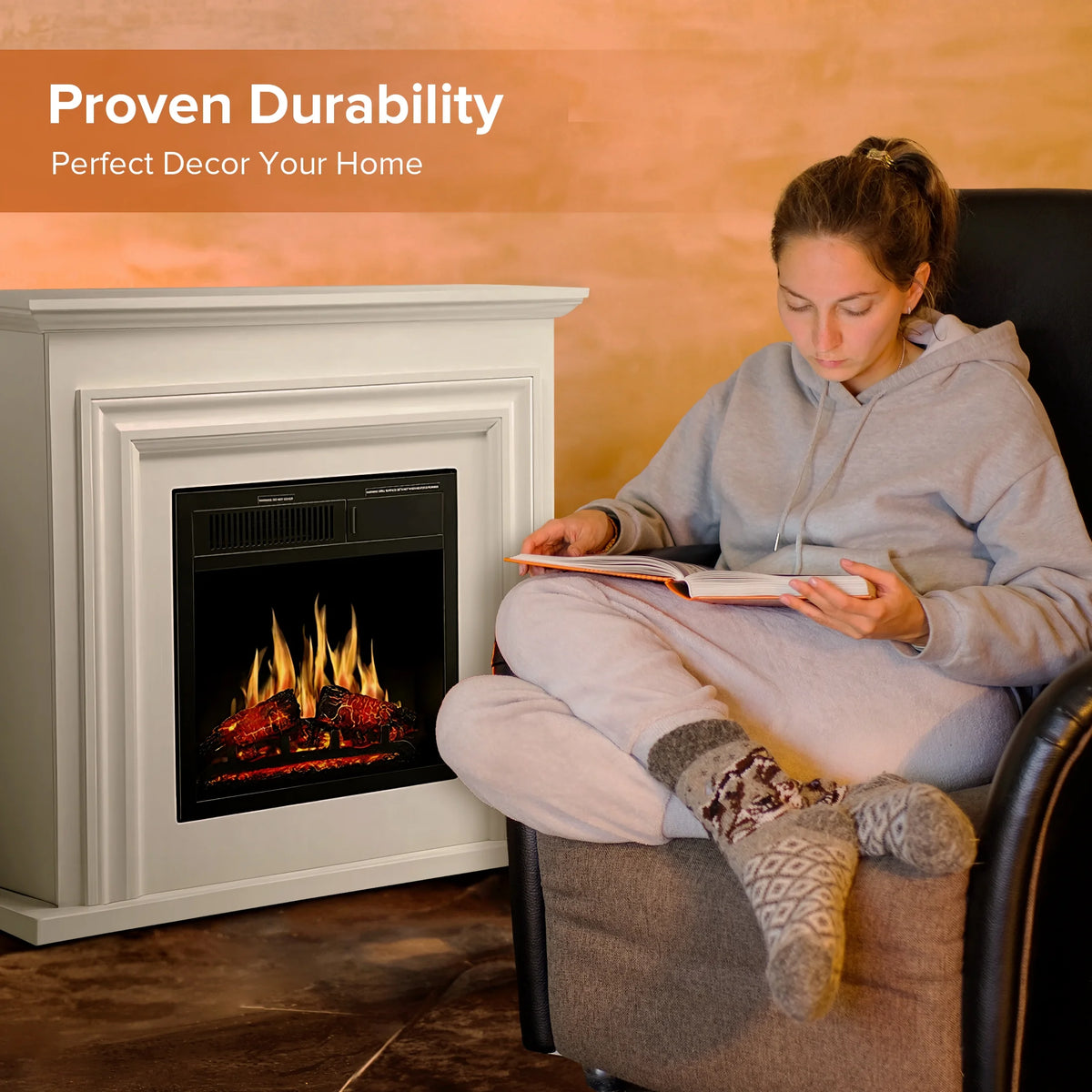 KISSAIR Electric Fireplace Mantel Wooden Surround Firebox, Free Standing Fireplace, with Remote Control, Adjustable LED Flame, 750W/1500W -White