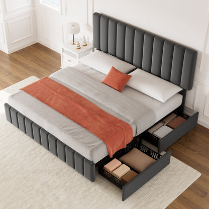 Full Size Bed Frame with 4 Storage Drawers and Adjustable Headboard, Linen Upholstered Platform Bed Frame with Wooden Slats Support, No Box Spring Needed, Dark Grey