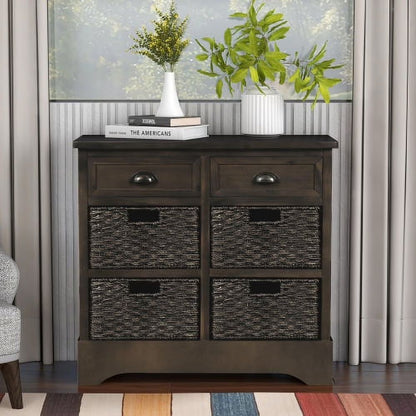 Rustic Storage Cabinet, Wood Accent Cabinet with 2 Drawers and 4 Rattan Baskets,Entryway Console Table Sofa Table for Living Room,Dining Room,White Washed