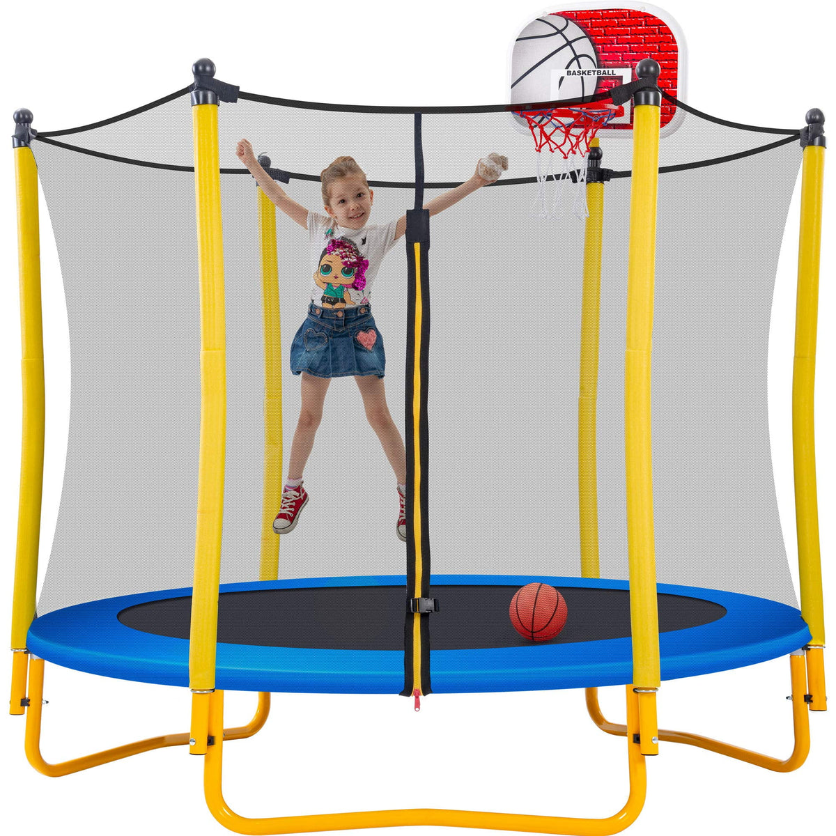 Leuco 66" Kids Trampoline with Basketball Frame, Rubber Ball and Enclosure Net, 5.5ft Mini Small Toddler Trampoline Toys for Indoor and Outdoor Use, Age for 1-8 years old