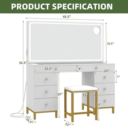 Uforic 55" Vanity Desk with Lighted Mirror & Power Outlet & 8 Drawers, Modern Makeup Vanity Table Set with Storage Stool, White