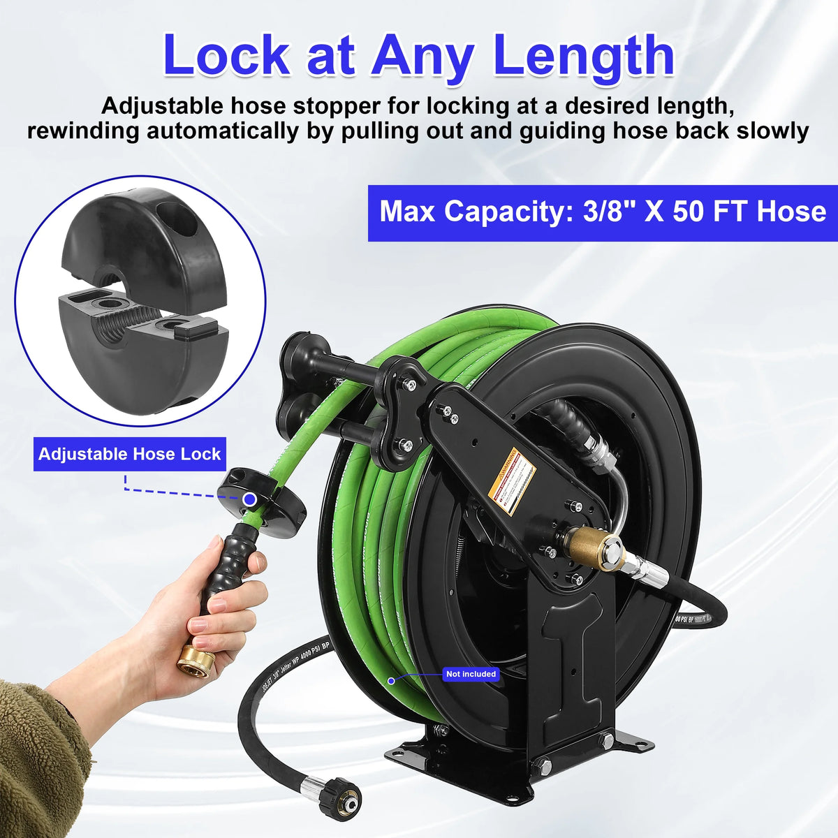 Auto-Retractable Pressure Washer Hose Reel, 50FT x 3/8" Heavy Duty Steel Power Washer Hose Reel Dual Arm, 4000 PSI