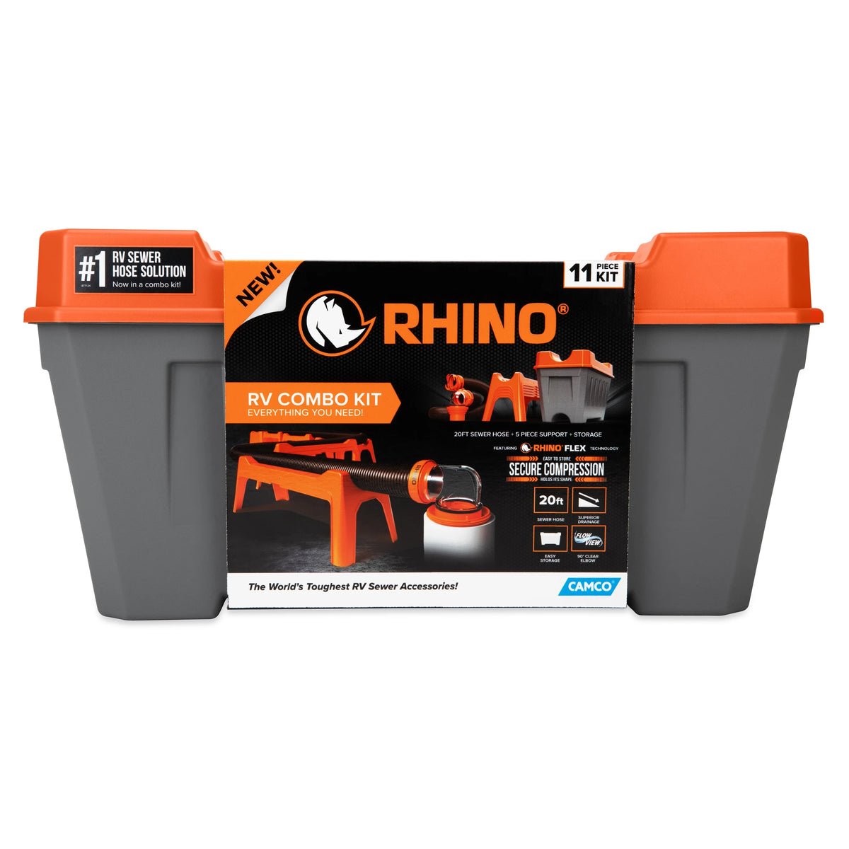 Camco Rhino 12-Piece RV Sewer Kit for Camping, 20-Ft Sewer Hose & Storage Box, 1 Pack - Orange (43075)
