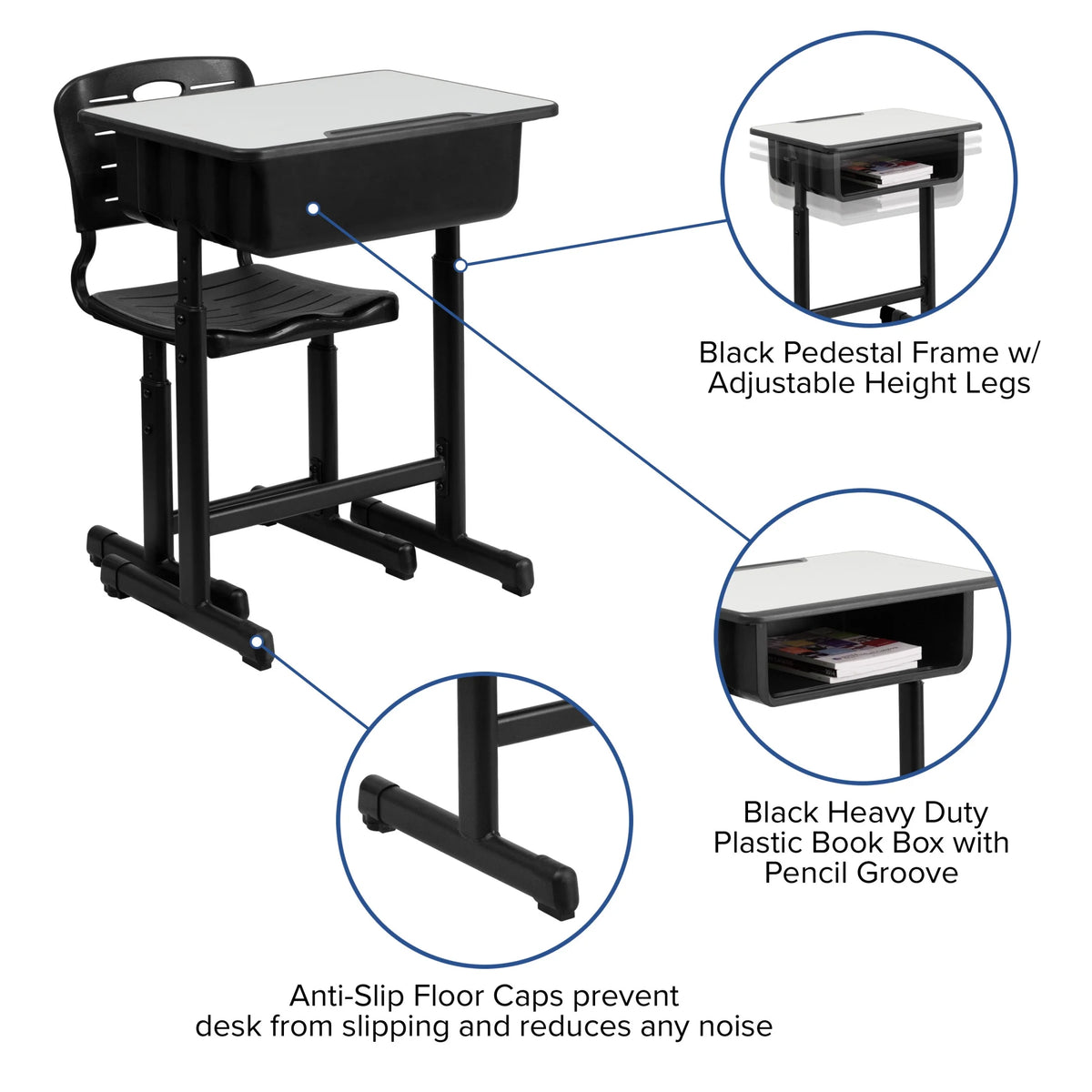 Flash Furniture Adjustable Height Classroom Student Desk with Chair and Book Box, Gray/Black