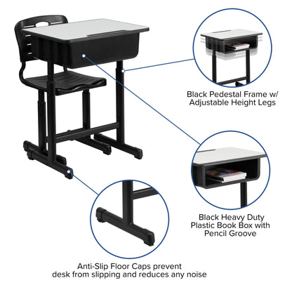 Flash Furniture Adjustable Height Classroom Student Desk with Chair and Book Box, Gray/Black