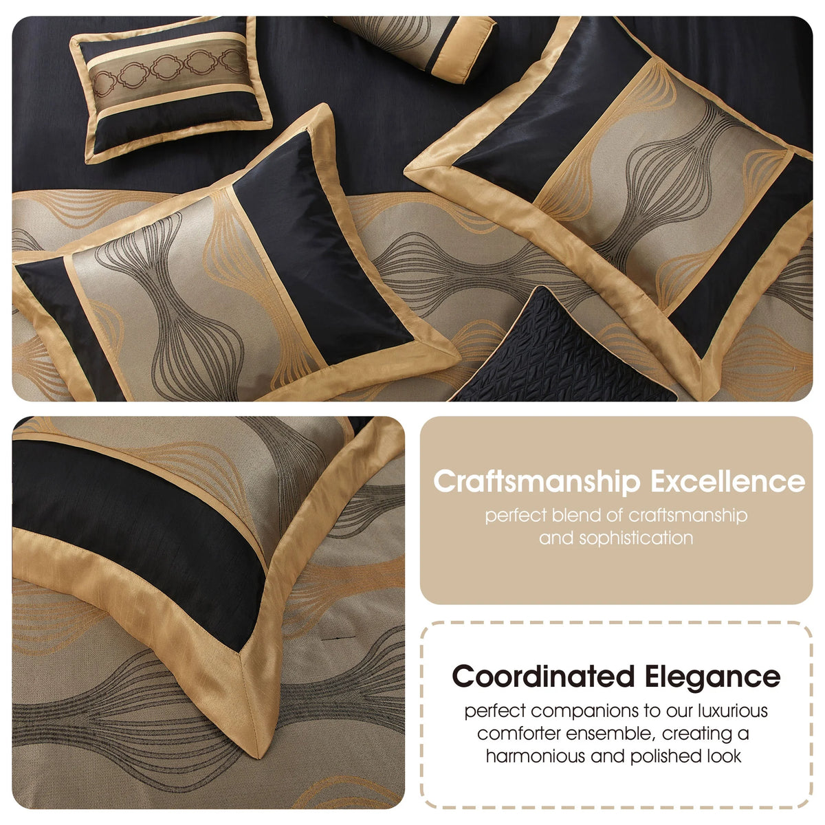 Lanco Elegant Black and Gold Comforter Set,Striped, 7 Pieces Jacquard Bedding Sets with Comforter for All Season, Bed Skirt, Pillows & Shams, Queen Size, Lightweight Microfiber