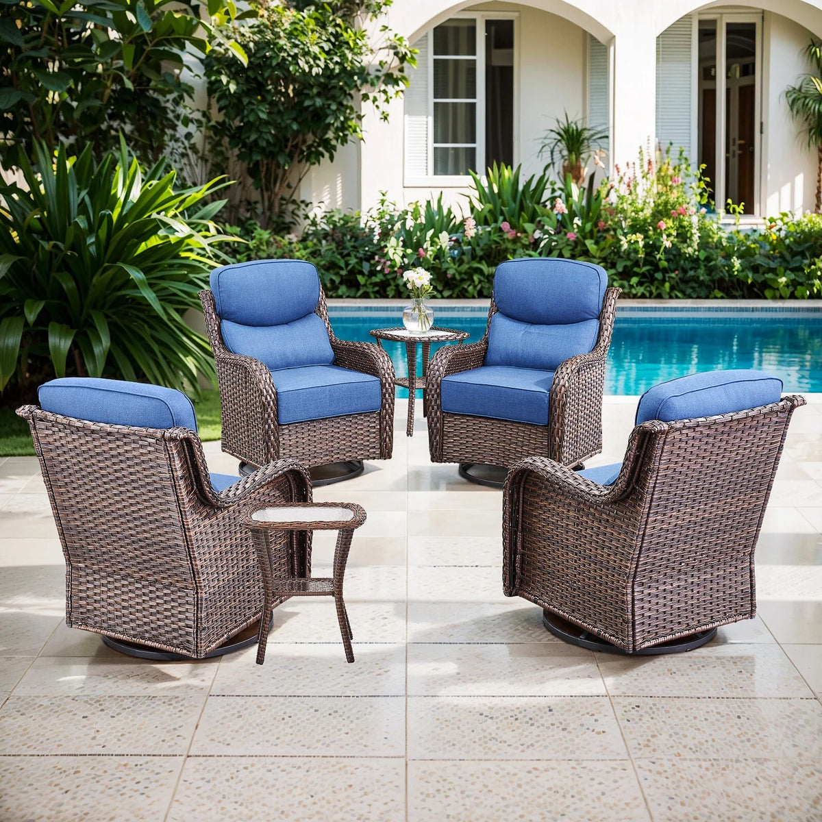 Bellefurn Luxury Outdoor Patio Furniture Set,Swivel Rocker Patio Chairs with 6-inch Thick Cushion,Patio Sofa and Glass Coffee Table,Outdoor Conversation Set for Porch, Deck, Yard