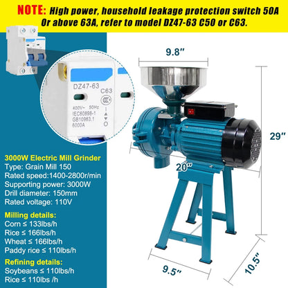 NAIZEA 3000W Electric Grain Mill, 110V Corn Grinder, Heavy Duty Commercial Feed Mill, Wet Dry Cereals Grinder