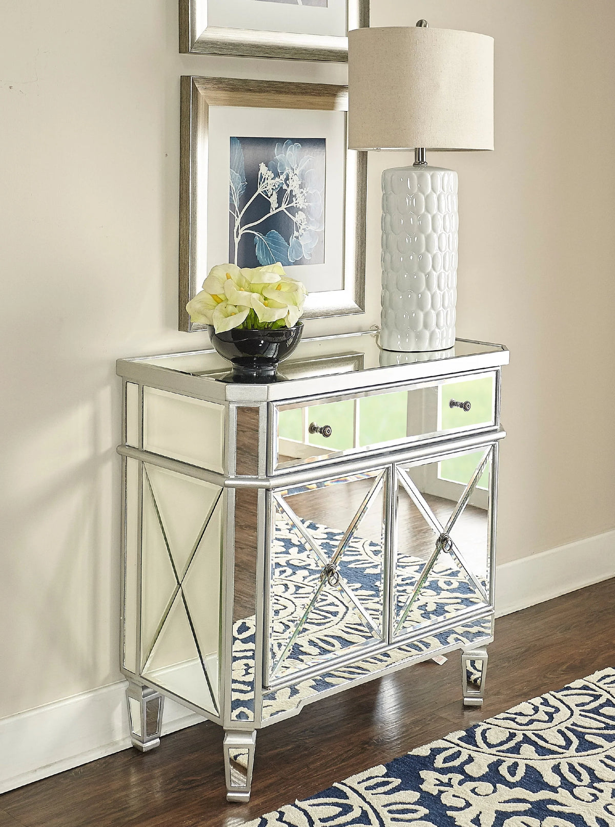 Powell Deville 2-Door Single Drawer Indoor Console Table with Shelves, Mirrored Surfaces and Luxe Silver Wood