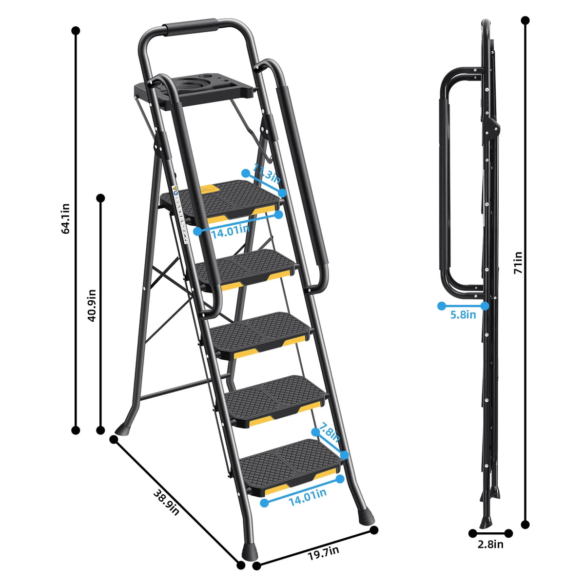 Kingrack 5 Step Folding Ladder for Adults, 800lbs Sturdy Steel  Stool Ladder with Anti-Slip Pedal&Handrail&Tool Tray for Home Kitchen Office