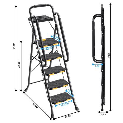 Kingrack 5 Step Folding Ladder for Adults, 800lbs Sturdy Steel  Stool Ladder with Anti-Slip Pedal&Handrail&Tool Tray for Home Kitchen Office