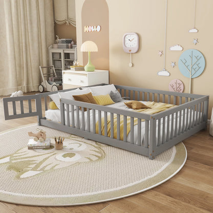 Bellemave Full Size Floor Bed with Door and Fence Floor Bed with Bed Slats Sturdy Wood Floor Bed Montessori Bed Frame (Full, Pink)
