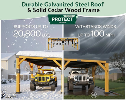 Jocisland 20x20x9.2 ft Cedar Wood Carport with Sloped Galvanized Steel Roof, Heavy Duty Outdoor Shelter for 2 Cars, Trucks, Boats & Tractors