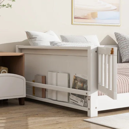 Bellemave Twin Size Floor Bed with Fence, Montessori Floor Twin Bed with Built-in Book Rack, Solid Wood Twin Bed with Slats and Safety Guardrails, Natural