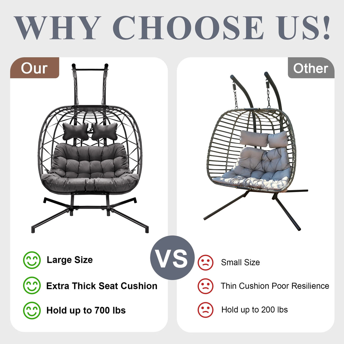 RADIATA Double Wicker Egg Swing Chair with Stand, 2-Person Hanging Egg Chair for Indoor/Outdoor, 700lbs Capacity, Thick Cushions & Headrest,Sturdy Metal Frame��Dark Gray