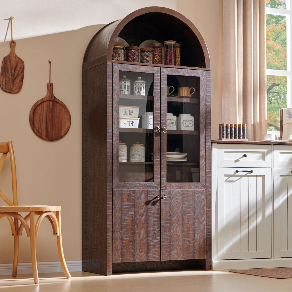 SinCiDo Arched Kitchen Pantry Storage Cabinet, 71-Inch Tall Wood Adjustable Shelves, 2 Doors, 2 Drawers