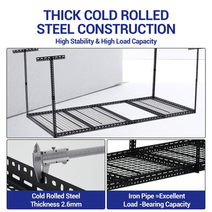 Overhead Garage Storage Rack - Heavy Duty 300kg Capacity, Adjustable 56-100cm Height, 180x120cm Black Steel Shelving with Hooks for Garage Organization