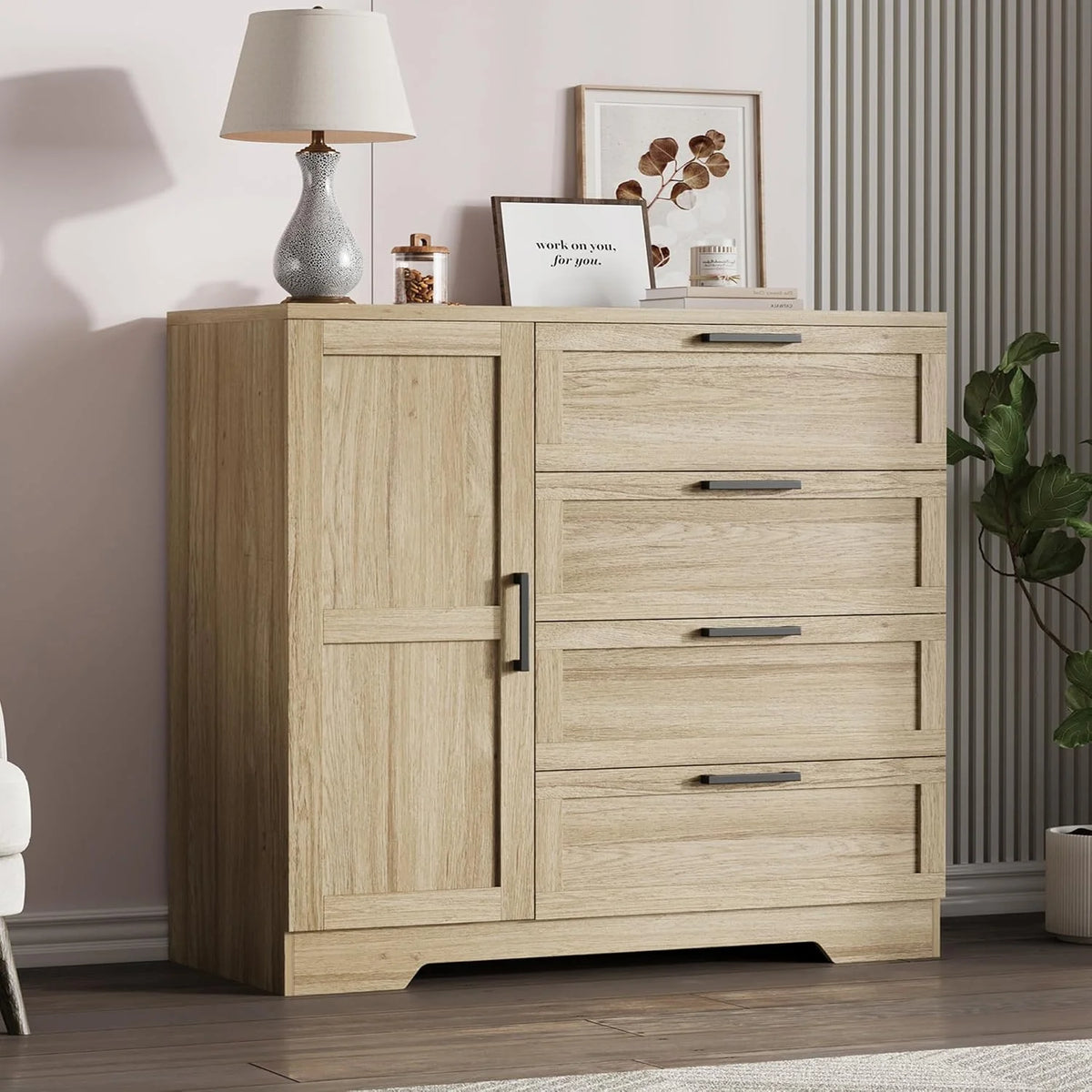 43.3" H Armoire Wardrobe Closet with 4 Drawers & Hanging Rod, Multifunctional Wood Storage Cabinet for Bedroom, Natural Oak