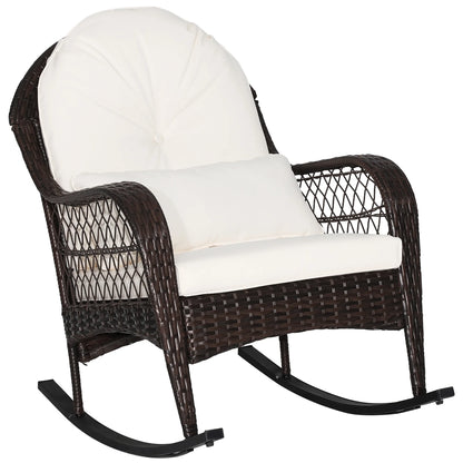 Costway Patio Wicker Rocking Chair W/Seat Back Cushions & Lumbar Pillow Porch Off White