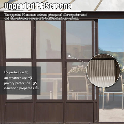TOTAL Outdoor 10'x12' All-Season Sunroom Gazebo with Steel Roof, PVC Screen, Front & Side Door, Brown