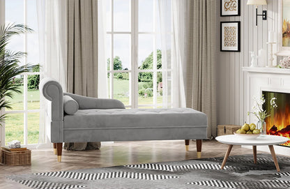Vesgantti Velvet Chaise Lounge,59" Modern Upholstered Lounge Chair Indoor with Round Armrest Lumbar Pillow, Single Sofa for Living Room Bedroom Office,Grey