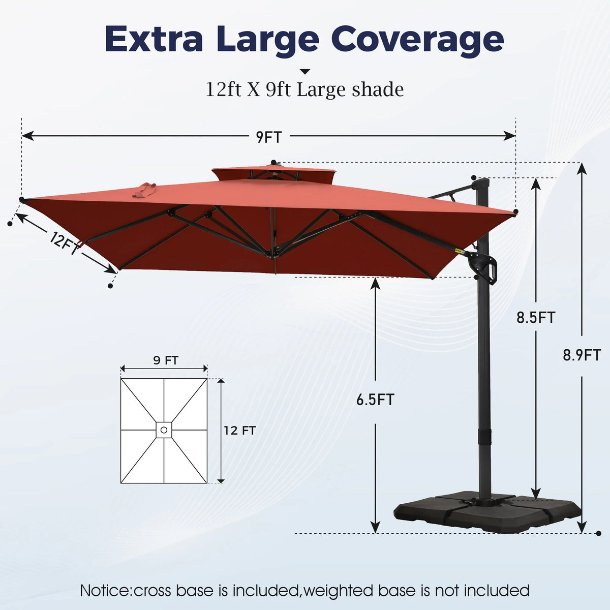 Alpha Joy 12x9ft Outdoor Patio Umbrella Large Rectangle Offset Cantilever Double Umbrella with 360°Rotation, Beige