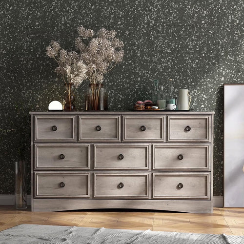 HUJAUU Dresser TV Stand with 10 Drawers Dresser for Bedroom, Wood Chest of Drawers Storage Organizer for Living Room, Hallway, Gray