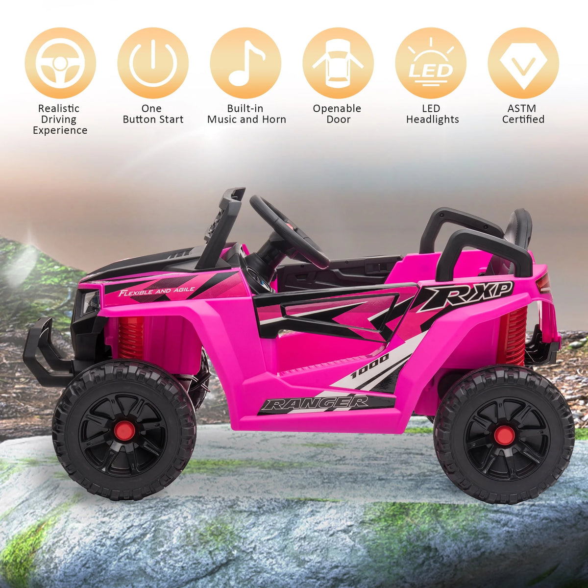 TOBBI 12V Kids Electric off-Road UTV Truck Car Battery Powered Ride on Toys for Girls with LED Headlights, Music, Horn