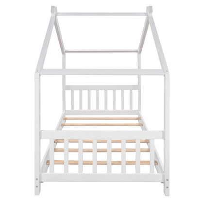 Euroco Wood House-Shaped Twin Platform Bed for Kids, Low Profile House Bed, No Box Spring Needed, Wood Color