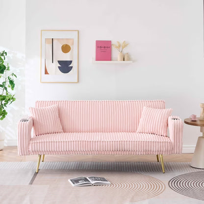 FFH Modern Corduroy Futon Sofa Bed with Adjustable Backrest,Convertible Loveseat Sleeper,Soft Couch with Drop-Down Table and Cup Holder for Living room,Pink