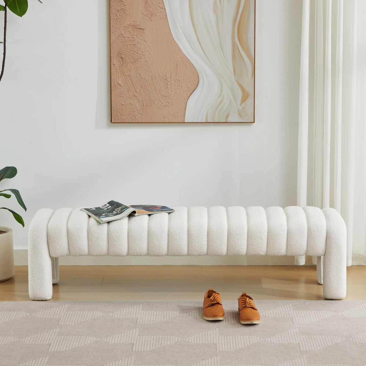 Zesthouse 63�� End of Bed Bench, Linen Tufted Upholstered Ottoman Bench with Padded Seat and Solid Wood Leg, Modern Entryway Bench for Bedroom, Living Room, Beige