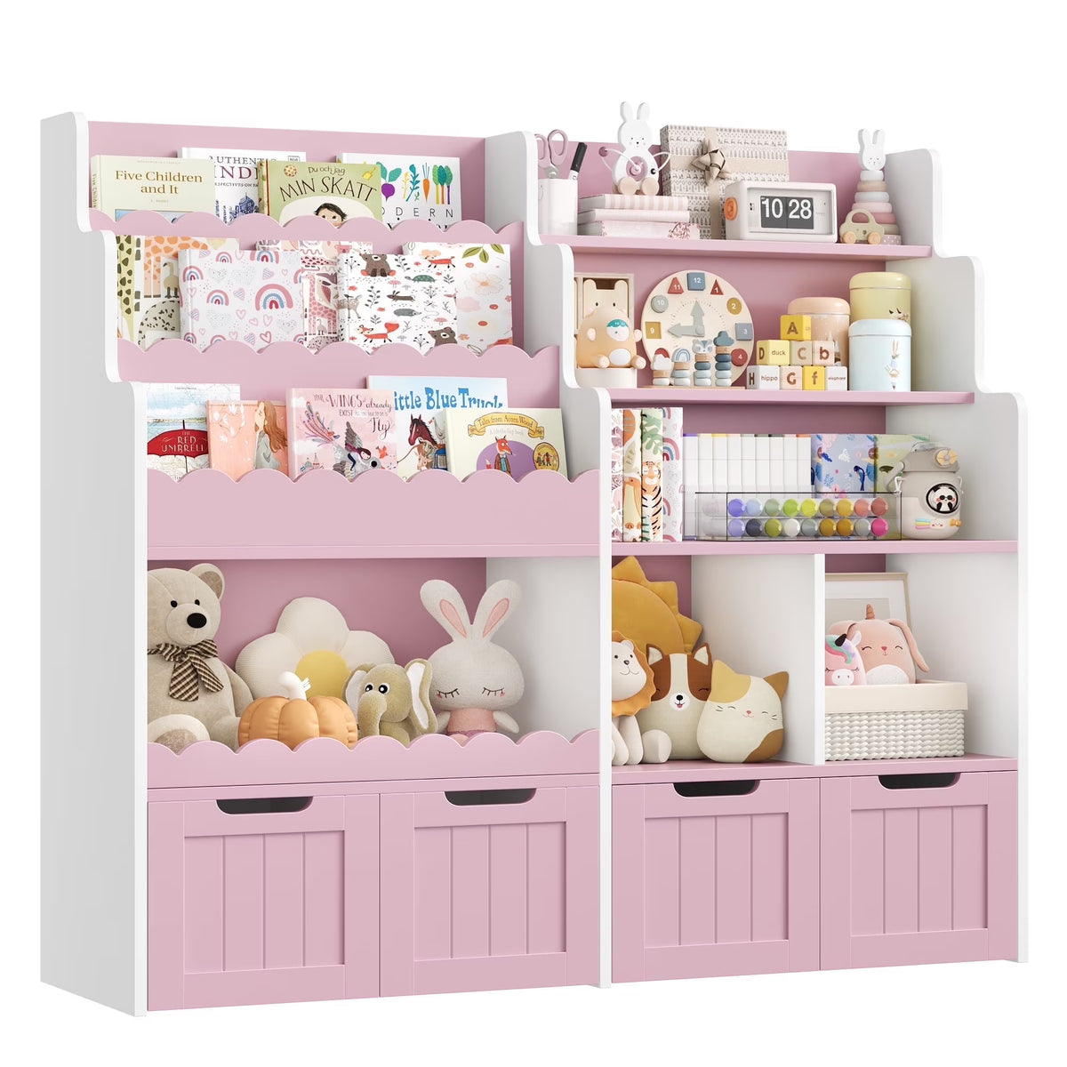 Hiphuta 47"Wide Large Kids Bookcase, Wood Bookshelf Toy Storage Organizer with Book Rack & Movable Boxes, White Bookshelf for Kids Room