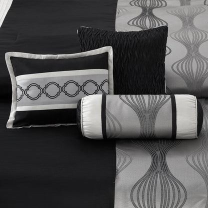 Lanco Elegant Black and Gold Comforter Set,Striped, 7 Pieces Jacquard Bedding Sets with Comforter for All Season, Bed Skirt, Pillows & Shams, Queen Size, Lightweight Microfiber