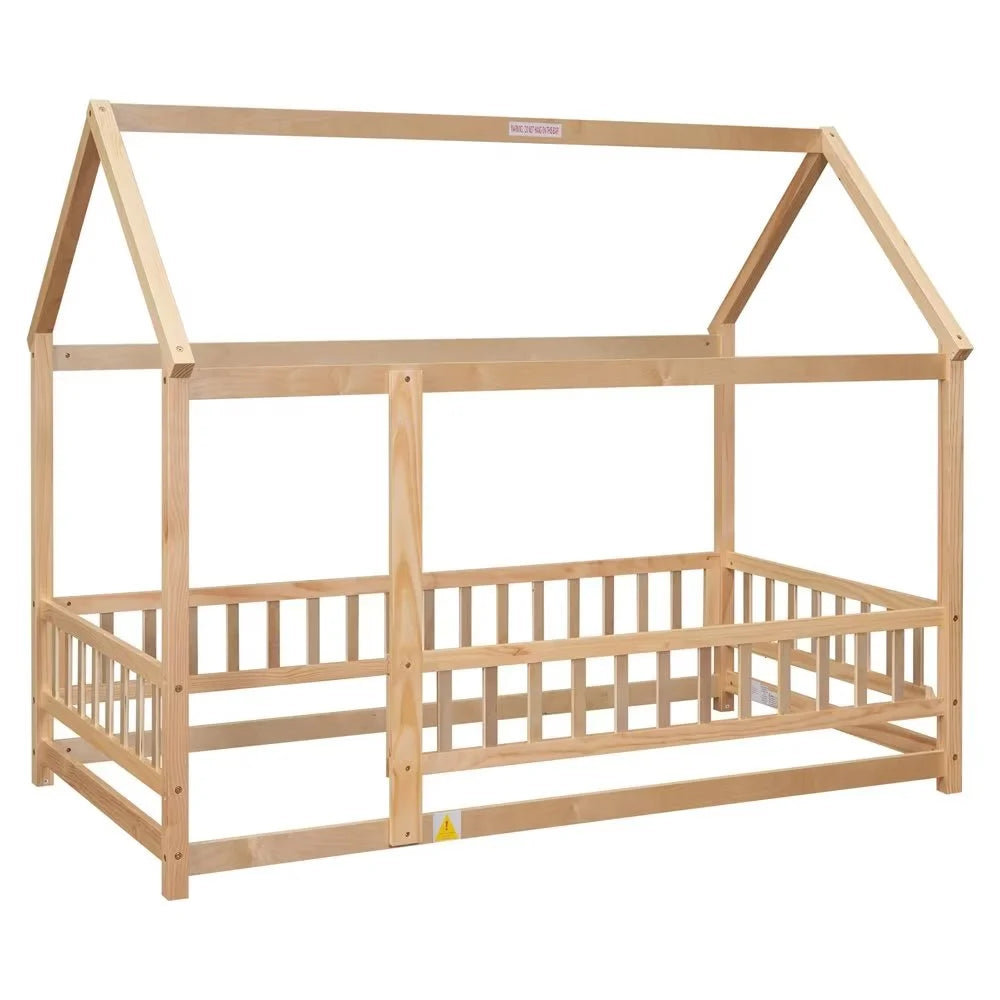 Twin Size House Bed for Boys and Girl, Wooden Canopy Bed Tent Bed, Playhouse Design Bed Frame with Full-lenth Guardrail, Bedroom Furniture, 79.5��L x 44.8��W x 66.2��H, White