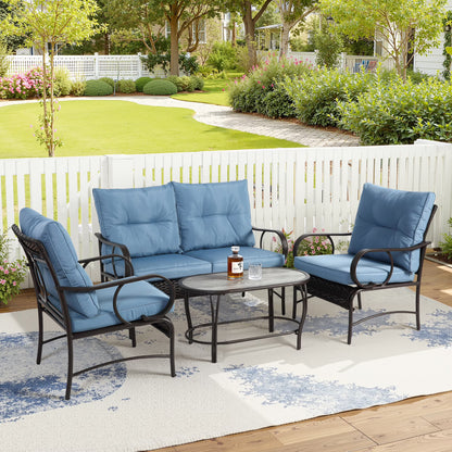 Patio Sofa Set, 4 Pieces Outdoor Sectional Furniture, All-Weather PE Rattan Wicker Patio Conversation Set, Cushioned Sofa Set with Coffee Table for Patio Garden Poolside Deck