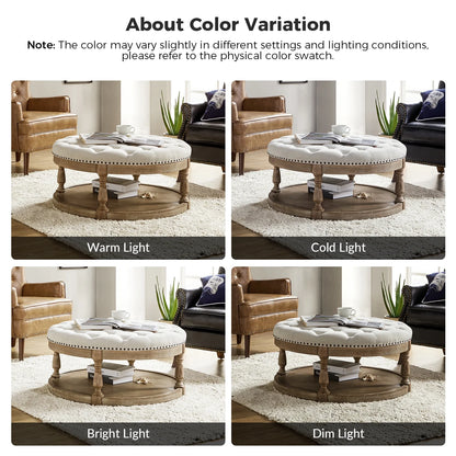 36'' Wide Blue Round Large Ottoman Tufted Coffee Table with Storage Wood Legs Home Living Room