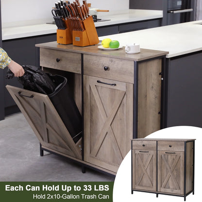 Pirecart 20 Gallon Double Tilt Out Trash Cabinet Wood Hidden Storage Cabinet, Recycling Cabinet with 2 Drawers, Black