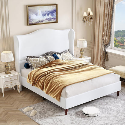 Neche Queen Upholstered Bed Frame with 51" Tall Headboard Classic Curved Wingback Platform Bed with Soft Fabric, Retro Simple Sleigh Bedframe No Box Spring Needed/Easy Assembly, White