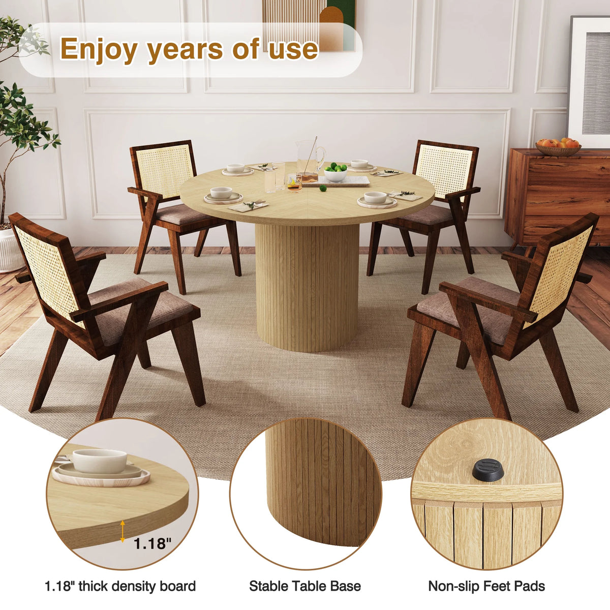 Wirrytor Round Dining Table, Modern Farmhouse Kitchen Table, 47 Inch Coffee Circle Dining Tables with Wood Strip Base for Kitchen Living Room, Black