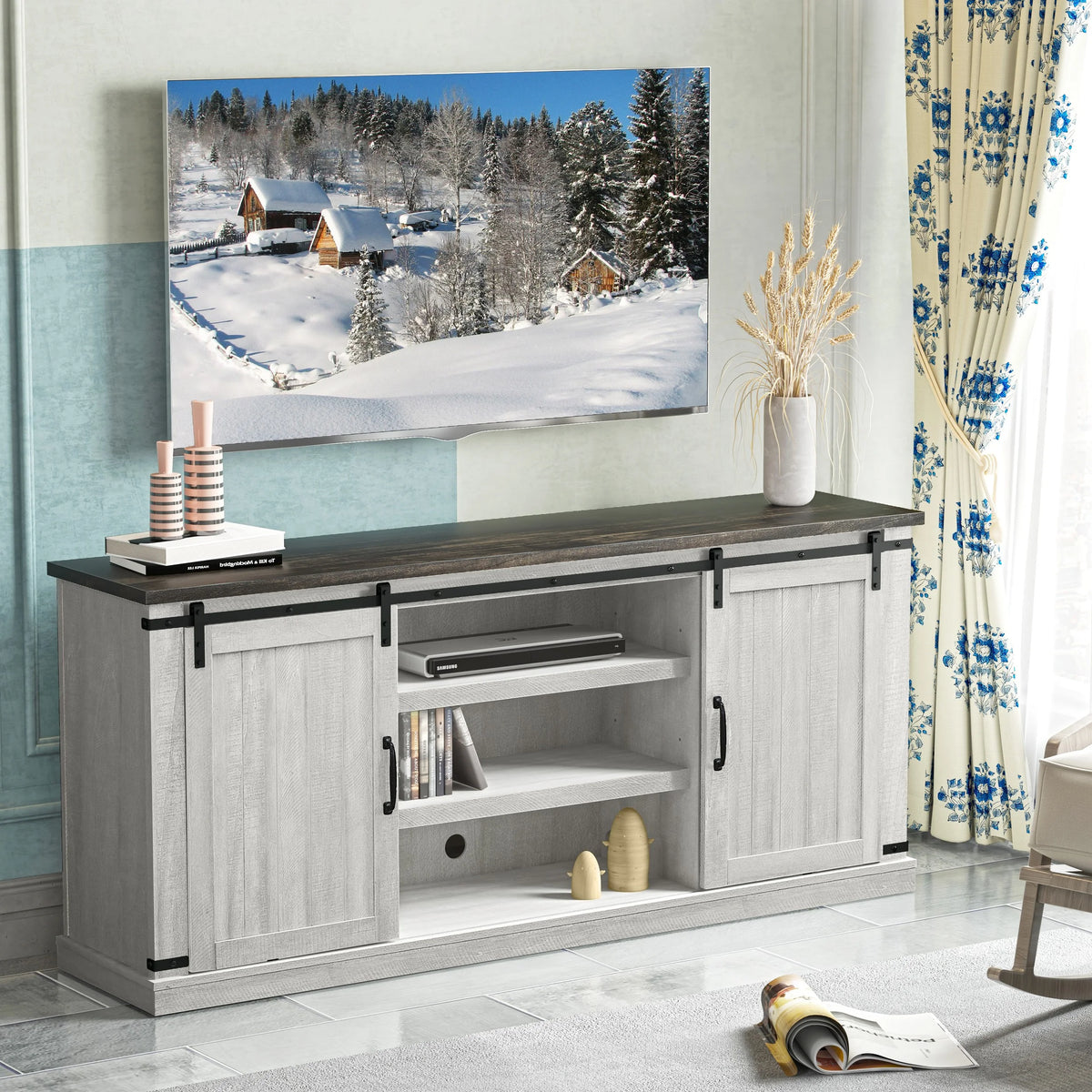 FESTIVO Farmhouse TV Stand for 75" TV, Entertainment Center, Sliding Barn Door TV Stand, 68 inch TV Console Table, Home Living Room Media Console with Adjustable Shelf - Off White