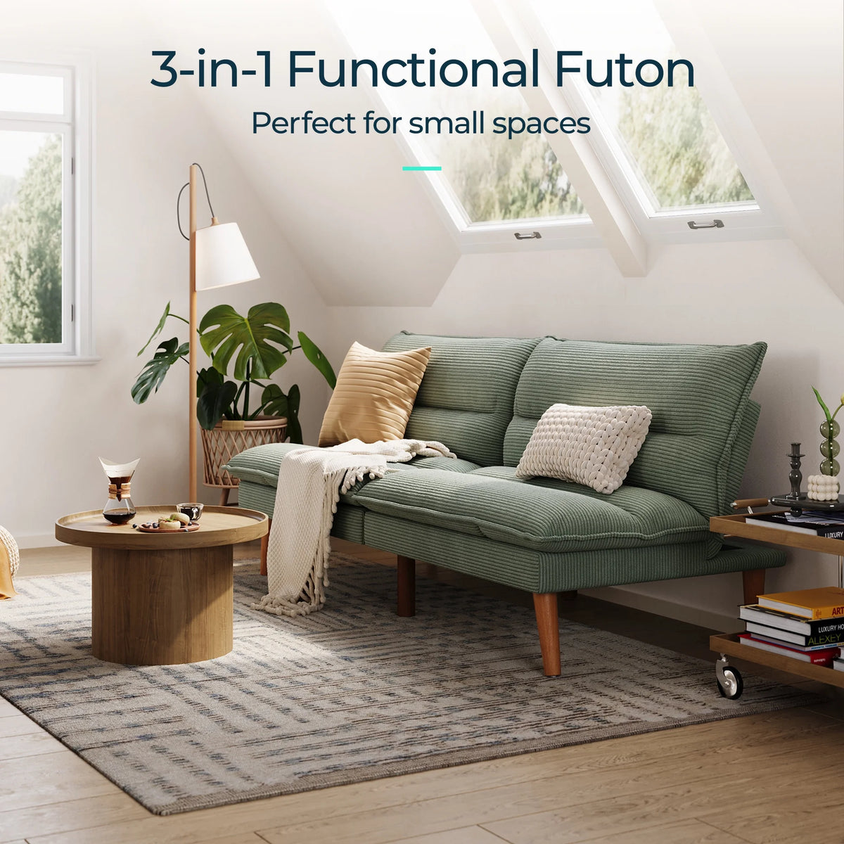 Linsy Home 71" W Corduroy Convertible Futon Sofa Bed, Army Green